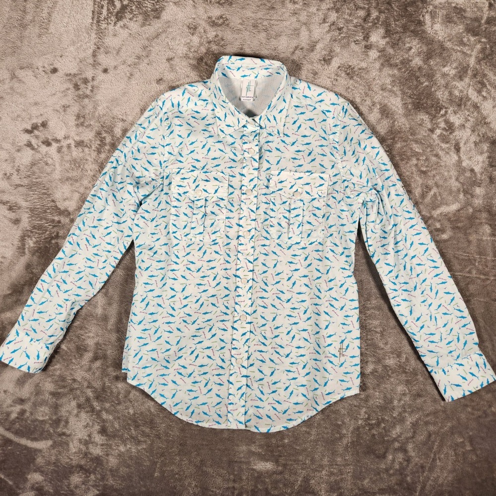 Guy Harvey Fishing Shirt Womens Medium White Shark Print Long Sleeve Button EUC
